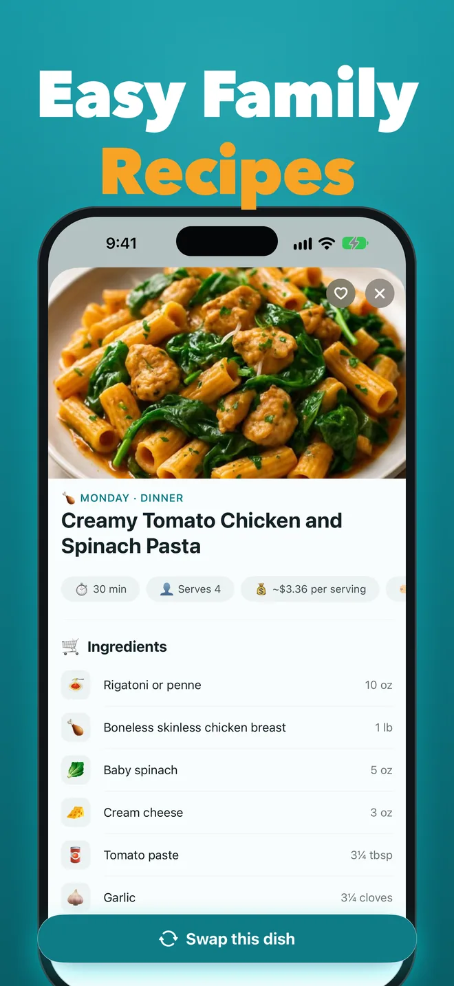 Easy family recipes: a Creamy Tomato Chicken and Spinach Pasta recipe with its ingredients